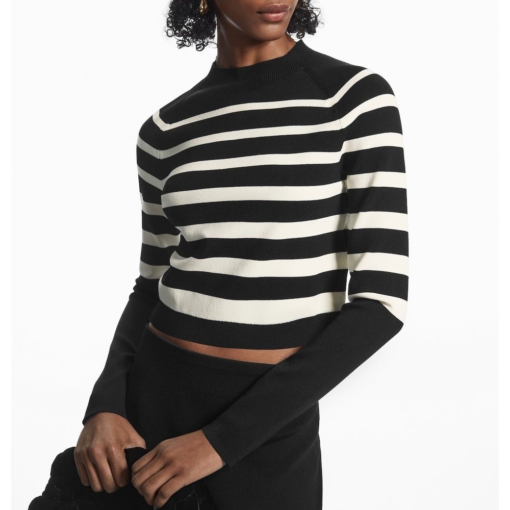 COS Cropped Knitted Mock Neck Sweater Black White Striped Long Sleeve Small